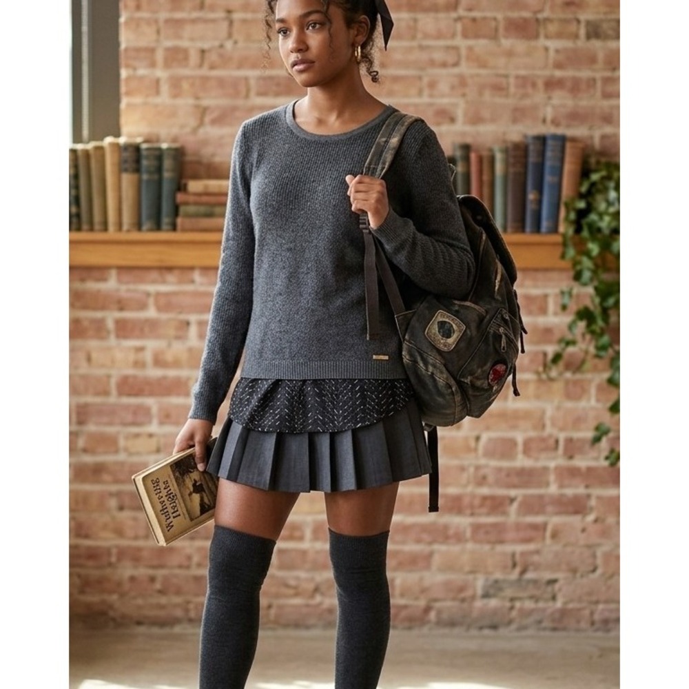 Ellen Tracy S Charcoal Grey Pullover Sweater‎ Mixed Media Layering Shirttail Hem